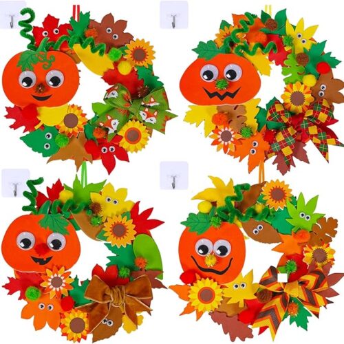 1 Winlyn 12 Sets Fall Craft Kits Kids Thanksgiving Halloween Pumpkin Crafts DIY Fall Foam Wreath Signs Decorations Art Sets Autumn Leaf Pumpkin Stickers Arts and Crafts for Kids Classroom Acitivities