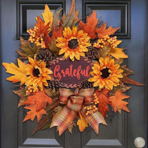 1 Fall Wreath for Front Door, 20 inch Autumn Sunflower