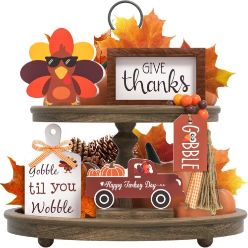 1 Thanksgiving Tiered Tray Decor - Give Thanks Turkey Wooden Signs
