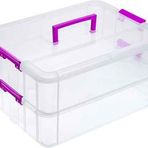 JUXYES 2-Tiers Stack Carry Storage Box With Handle, Transparent Stackable Storage Bin With Handle Lid Latching Storage Container for School & Office Supplies