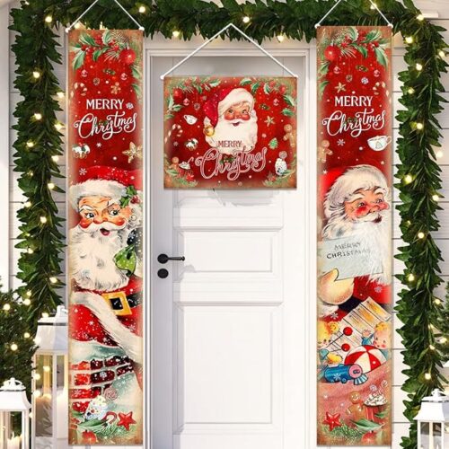 1 Christmas Banner Sign Vintage Santa Claus Porch Decoration Merry Christmas Front Door Hanging Banner for Indoor Outdoor Holiday Party Christmas Winter Party