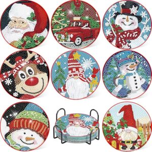 8 PCS Diamond Painting Coaster Kits with Holder,Christmas Winter Snowman Diamond Art Coasters 5D Diamond Painting Kits for Adults, Beginners, Kids Diamond Art Craft Supplies Christmas Gift