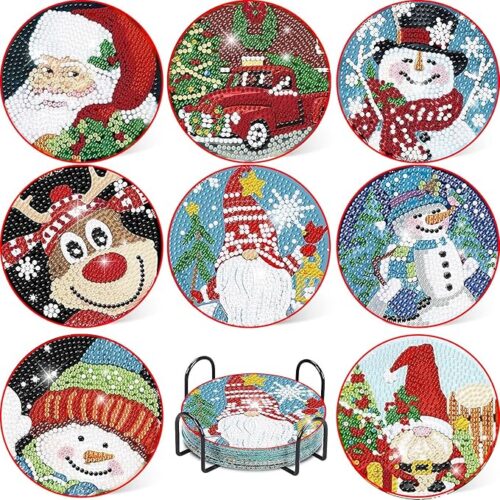 1 8 PCS Diamond Painting Coaster Kits with Holder,Christmas Winter Snowman Diamond Art Coasters 5D Diamond Painting Kits for Adults, Beginners, Kids Diamond Art Craft Supplies Christmas Gift