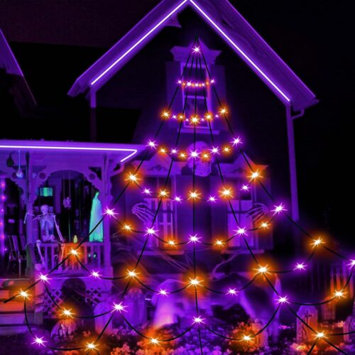 Orange and Purple Halloween Spider Web Lights Outdoor Decorations