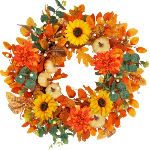 Autumn Sunflowers Wreath with Dahlias Fall Eucalyptus Wreath