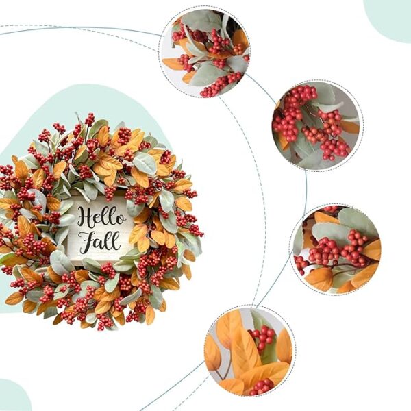 Hello Fall Wreath for Front Door 20 Inch Artificial Lambs leaves Wreath 4