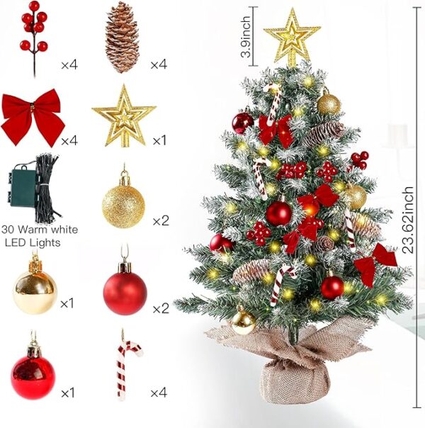 Sggvecsy 23.6’’ Mini Snow Frosted Christmas Tree Table Top Lighted Artificial Xmas Tree Star Treetop Pine Cones Red Bows Balls Candy Canes Red Berries Hanging Ornaments DIY Holiday Indoor Decorations 2