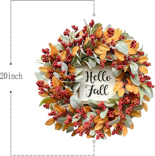 Hello Fall Wreath for Front Door 20 Inch Artificial Lambs leaves Wreath 3