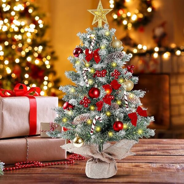 Sggvecsy 23.6’’ Mini Snow Frosted Christmas Tree Table Top Lighted Artificial Xmas Tree Star Treetop Pine Cones Red Bows Balls Candy Canes Red Berries Hanging Ornaments DIY Holiday Indoor Decorations 3