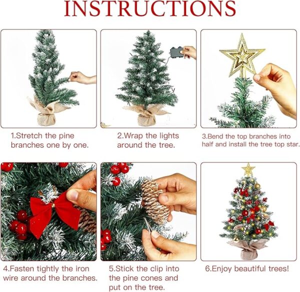 Sggvecsy 23.6’’ Mini Snow Frosted Christmas Tree Table Top Lighted Artificial Xmas Tree Star Treetop Pine Cones Red Bows Balls Candy Canes Red Berries Hanging Ornaments DIY Holiday Indoor Decorations 4