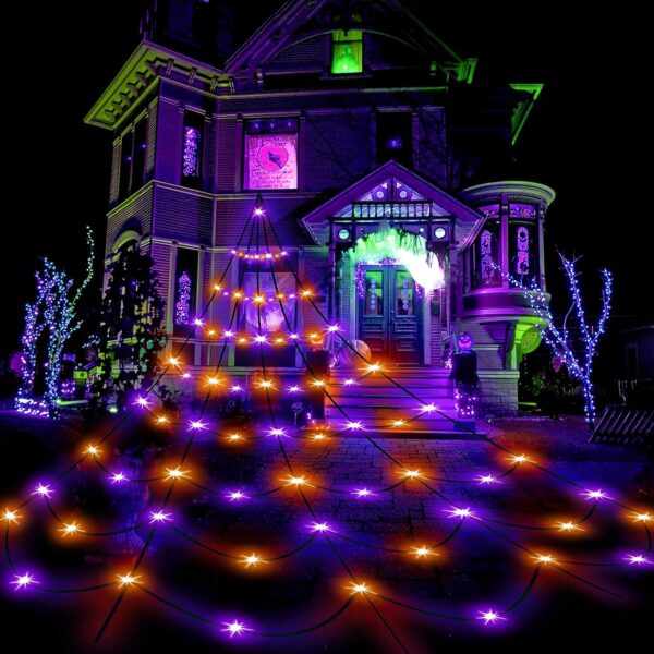 Orange and Purple Halloween Spider Web Lights Outdoor Decorations 2