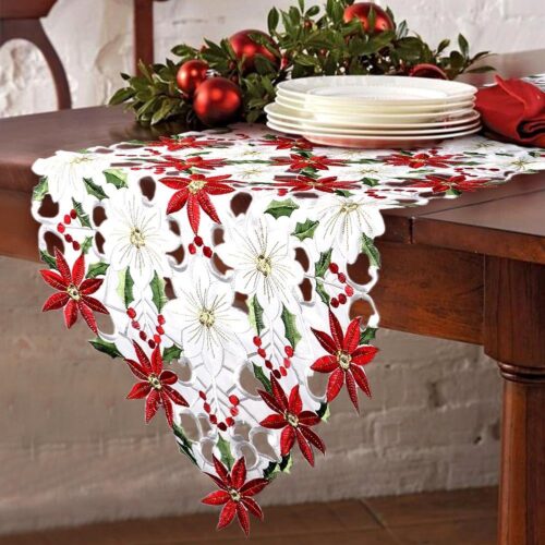 15 x 70 Inch Embroidered Christmas Table Runner Red