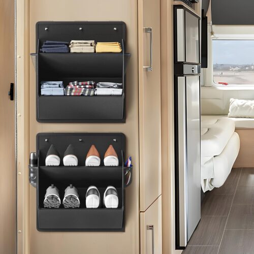 2 Pack RV Shoe Storage with Sticky Adhesive Tape, Over the Door Shoe Rack, Wall Hanging Shoe Organizer with Large Deep Pockets for Camper, Narrow Space Saving Closet Organizers - Black