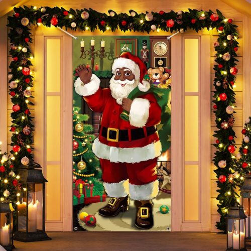 Black Santa Claus Door Cover Christmas Front Door