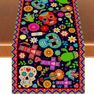 Linen Day of The Dead Table Runner Dia De Los Muertos Tablecloth