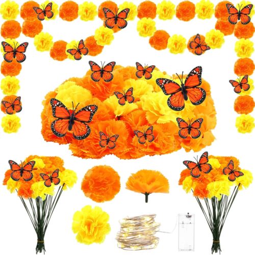 81fKARWMweL._AC_SL1500_ 120 Pcs Day of The Dead Decorations Artificial Silk Marigold Flowers