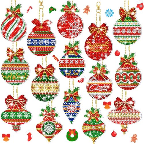 15 Pcs Christmas Balls Diamond Painting Keychains