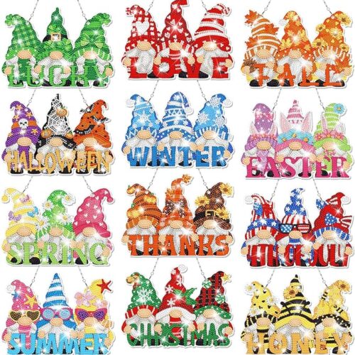 1 12 Pcs Seasonal Gnome Diamond Art Wreath Kits Diamond Gnomes Hanging Signs