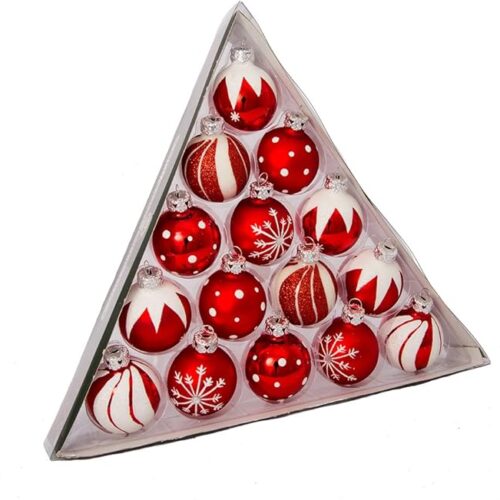 1 1.57-Inch Red/White Decorated Glass Ball Ornament Set of 15