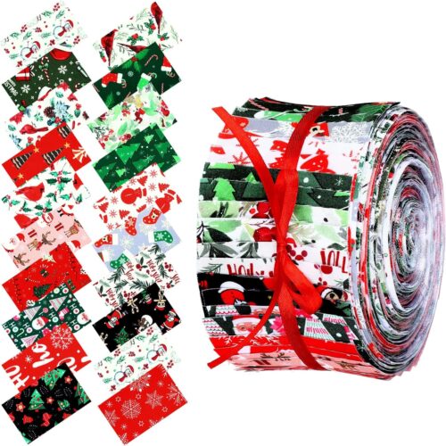 1 40 Pcs Christmas Jelly Fabric for Quilting Strips Cotton Roll, 2.55 Inch Xmas Fabric Strips