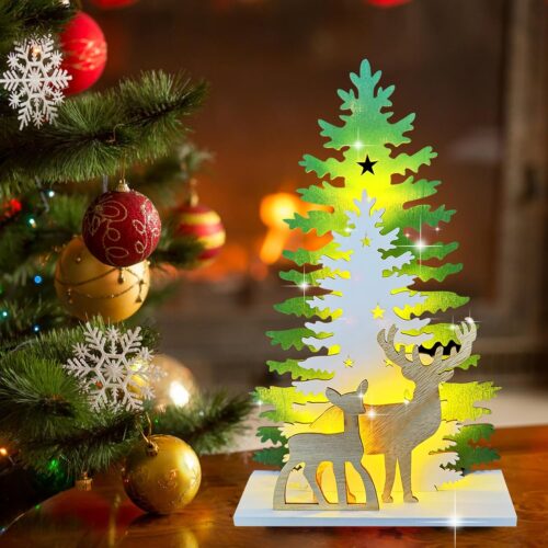 1 Lighted Christmas Tabletop Wooden Christmas Tree and Deer Table Decor