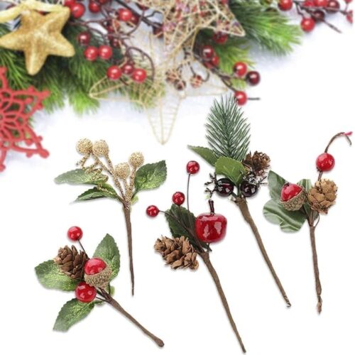 1 20PCS Artificial Berry Picks, Christmas Pine Picks with Red Berries and Pine Cones