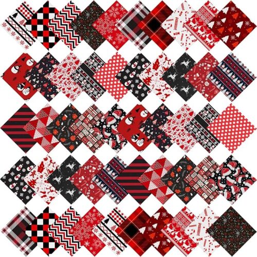 1 50 Pcs 5 x 5 Inches Christmas Precut Fabric Squares Black Red