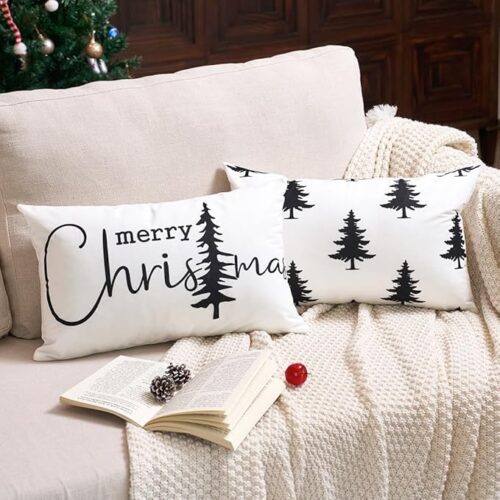 Black and White Christmas Tree Lumbar Pillow Covers 12x20 Set of 2