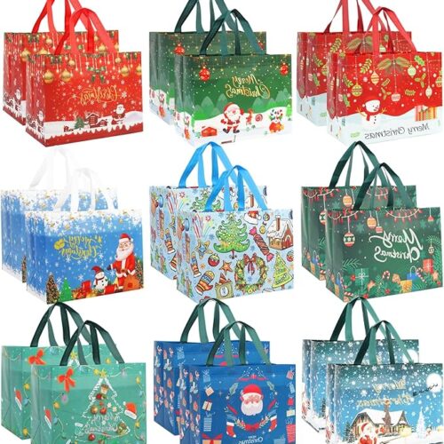 1 18 PCS Large Reusable Christmas Tote Bags with Handles, Christmas Treat Bags