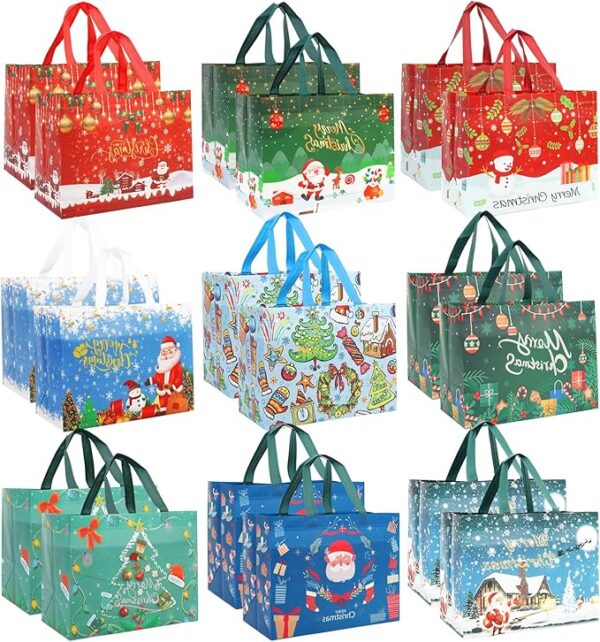 18 PCS Large Reusable Christmas Tote Bags with Handles, Christmas Treat Bags 1