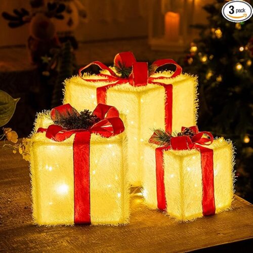 1 Christmas Lighted Gift Boxes 3 Pack,Pre-lit 60 LED Light Up Present Boxes
