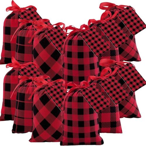 1 12 Pieces Mini Christmas Cotton Buffalo Plaid Red and Black Plaid Drawstring Bag