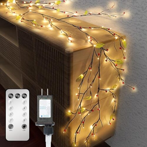 1 Twig Garland with Lights Lighted Red Berry Garland 9.8FT Willow Vine Lights Christmas Garland