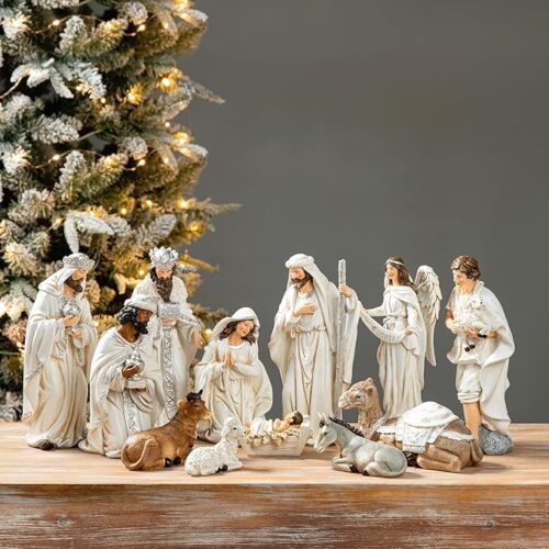 1 12Pcs Ivory Resin Nativity Figurines Set Christmas Ornaments Gifts Xmas Tabletop Scenes Figures Set