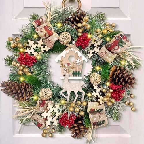 1 16" Christmas Door Wreath with Santa Wooden House Bow Snowflakes Berries Pine Cones
