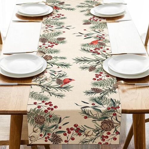1 Winter Pine Needle Branches Table Runner, Pine Cone Cardinal Red Birds Berry