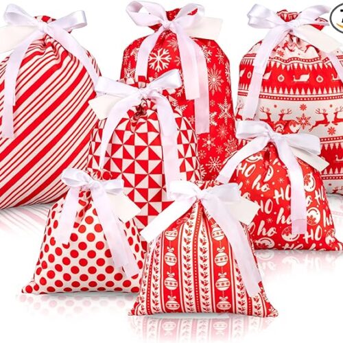 1 7pcs Christmas Fabric Gift Bags Drawstring Bag Cotton Storage Sack