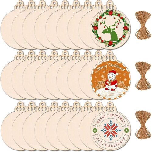 1 60PCS 3.5" DIY Wooden Christmas Ornaments Unfinished Predrilled Wood Slices Circles