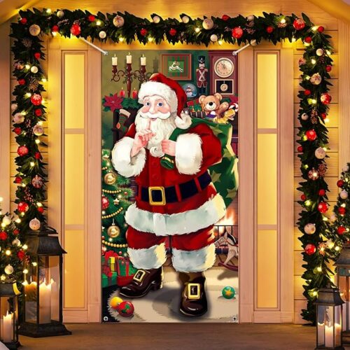 1 Santa Claus Door Cover Xmas Door Hanging Banner Christmas Santa Background Banner