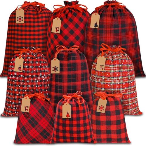 1 9PCS Christmas Drawstring Bags Christmas Cotton Buffalo Plaid Bags Sacks