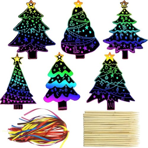 1 96Pcs Christmas Tree Scratch Paper Rainbow Color Scratch Ornaments