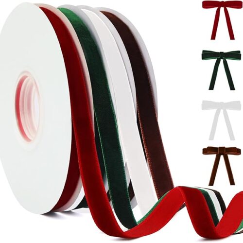 1 4 Colors Velvet Ribbon Set, 3/8" x 40Yard Premium Velvet Ribbon for Gift Wrapping