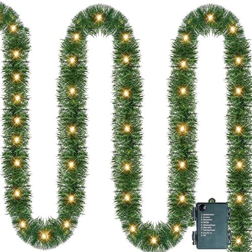 14.8 FT Artificial Christmas Garland, 50 Pre-Lit LED Mini String Lights Battery Operated Xmas Garland