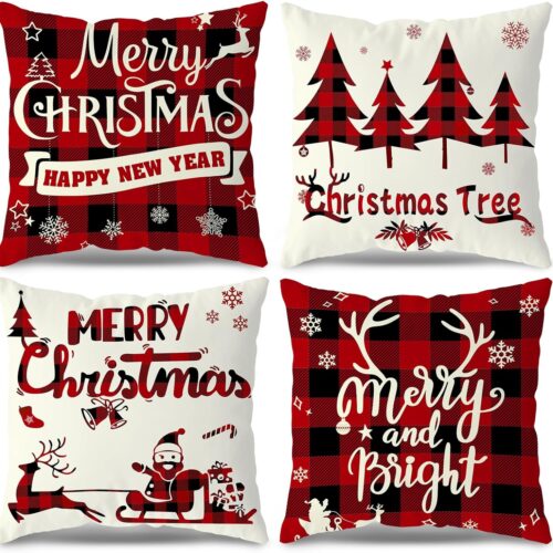 Christmas Pillow Covers 18x18 Set of 4 Red Black Buffalo Check Plaid