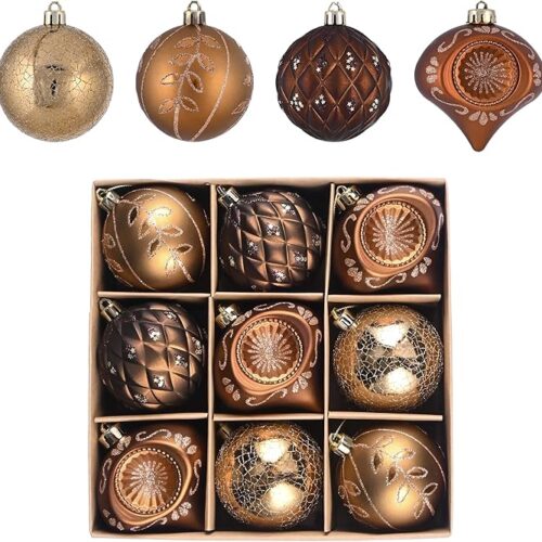 9ct Bronze Copper Brown and Gold Shatterproof Fall Christmas Tree Decorations Set