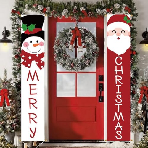 Christmas 2pc Outdoor Yard Banner, Red White Santa Snowman