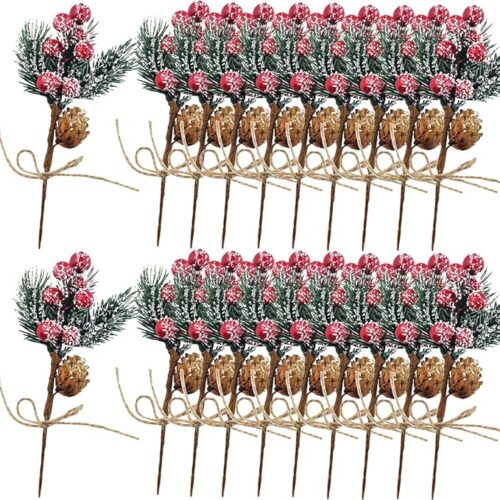 20PCS 8inch Artificial Christmas Floral Picks, Red Fake Berry Picks Stems