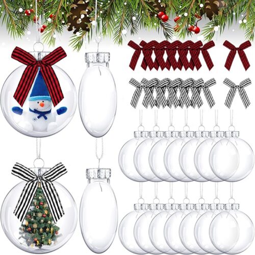Clear fillable Ornaments Balls with Silver Cap and Black White Red Buffalo Plaid Bows