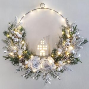 Christmas Hoop Wreath with Lighted House,Farmhouse Winter Wreath with Lights
