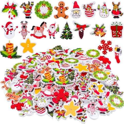 240 Pieces Christmas Assorted Colorful Sewing Wooden Buttons